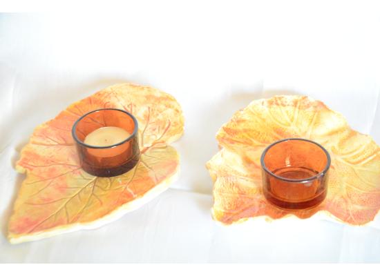 Pottery Small Beautiful Decorative Candles Tray Set of 2  Shape of Plant Leaf Centerpiece Decoration Room 